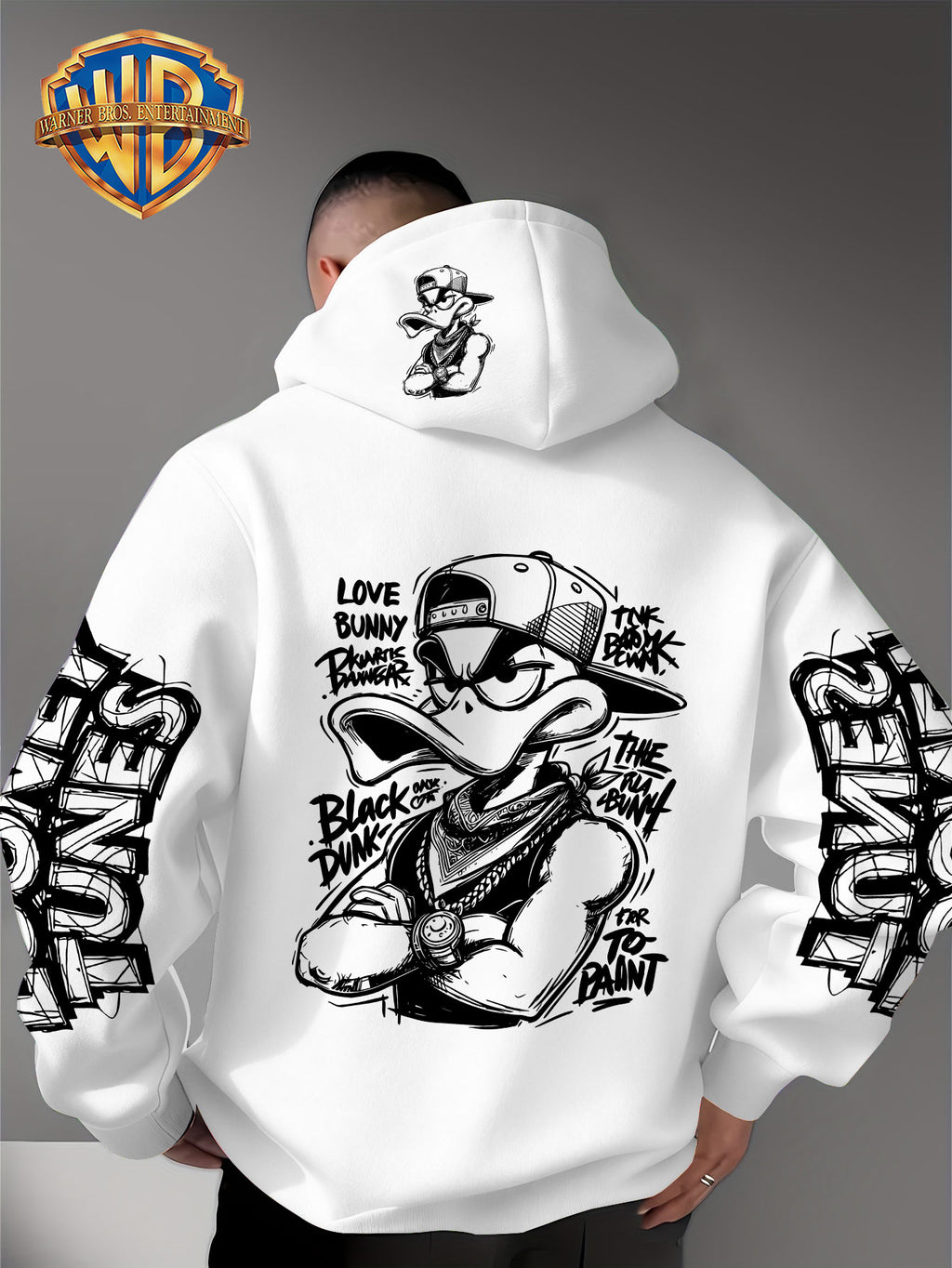 Dark Duffy Duck Pattern Print - Men'S Fashion Hoodie Sweatshirt, Trendy Sleeve Print Design, Suitable for Multi-Style Daily Wear Pullover, Soft And Delicate Touch, Helping You Be Comfortable And Stylish, Easily Mastered for Campus, Commuting - White