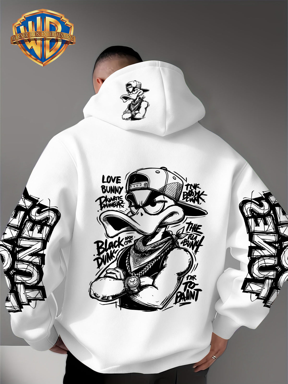 Dark Duffy Duck Pattern Print - Men'S Fashion Hoodie Sweatshirt, Trendy Sleeve Print Design, Suitable for Multi-Style Daily Wear Pullover, Soft And Delicate Touch, Helping You Be Comfortable And Stylish, Easily Mastered for Campus, Commuting - White