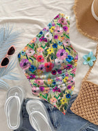 Women'S Fashion Strapless Printed Mini Casual Floral Pattern Asymmetrical Short Top, Perfect for Vacations - Mixed Color