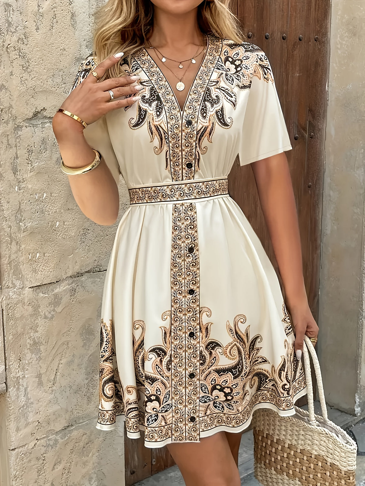 Women's Printed Dress with Positioning Design - Apricot