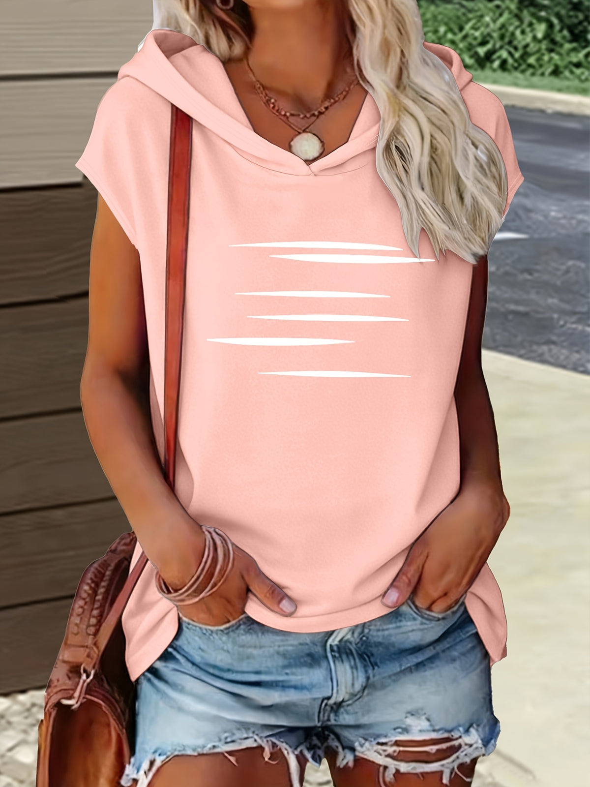 1pc Hooded Top Easy Line Design Casual All-Match Style Summer New Y2K Style Women'S Casual Athletic Wear Elegant Fashion Comfortable T-Shirt Top - pink