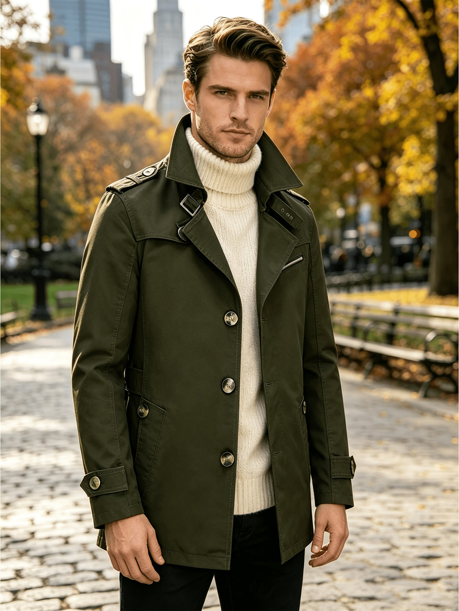 Men'S Lapel Mid-Length Casual Trench Coat, Single-Breasted Utility Style Jacket, with Epaulettes, Metal Buttons, Zipper-Decorated Pocket, Spring/Autumn Casual Outerwear, Suitable for Office And Daily Commute, Men'S Business Coat - fern green