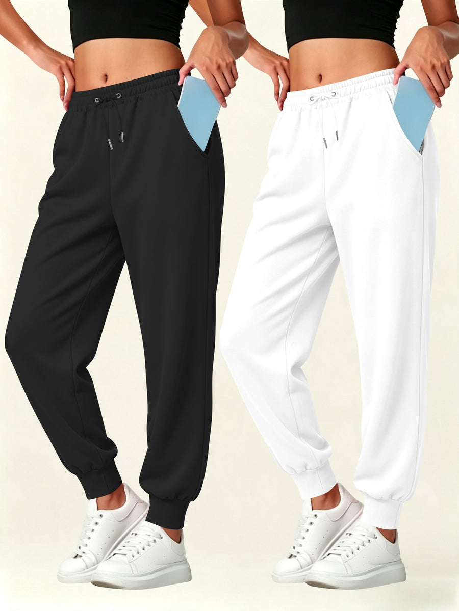 2pcs Set Autumn-Winter Women's Casual Pants with Pockets - Black+White