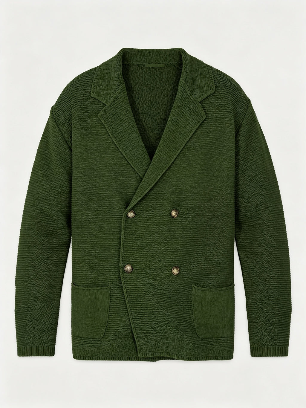 Men's New Autumn/Winter Double-Breasted Knit Jacket, Loose Fit Casual Suit-Style Top with Lapel. European/American Style Men's Notched Lapel Knit Cardigan with Double-Breasted Design, Versatile Outerwear for Spring/Autumn, Suitable for Both Commuting - fern green