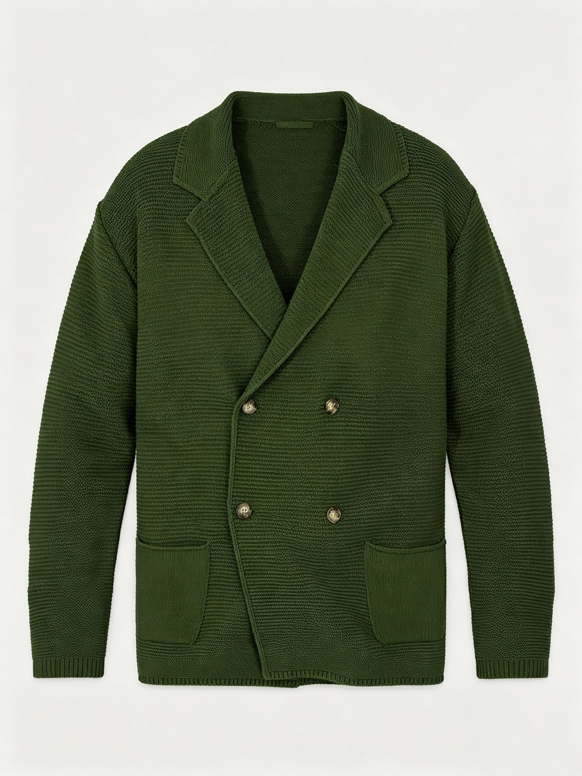 Men's New Autumn/Winter Double-Breasted Knit Jacket, Loose Fit Casual Suit-Style Top with Lapel. European/American Style Men's Notched Lapel Knit Cardigan with Double-Breasted Design, Versatile Outerwear for Spring/Autumn, Suitable for Both Commuting - fern green