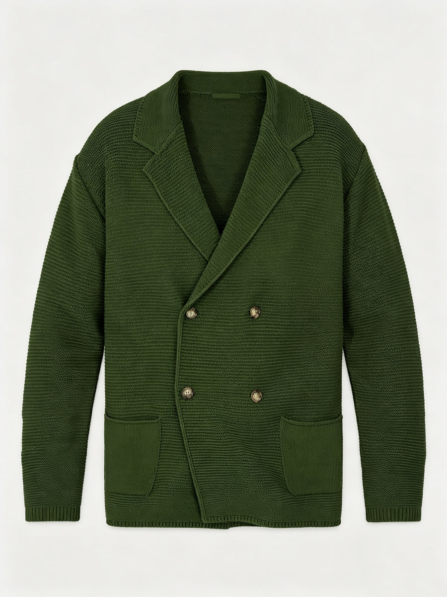Men's New Autumn/Winter Double-Breasted Knit Jacket, Loose Fit Casual Suit-Style Top with Lapel. European/American Style Men's Notched Lapel Knit Cardigan with Double-Breasted Design, Versatile Outerwear for Spring/Autumn, Suitable for Both Commuting - fern green