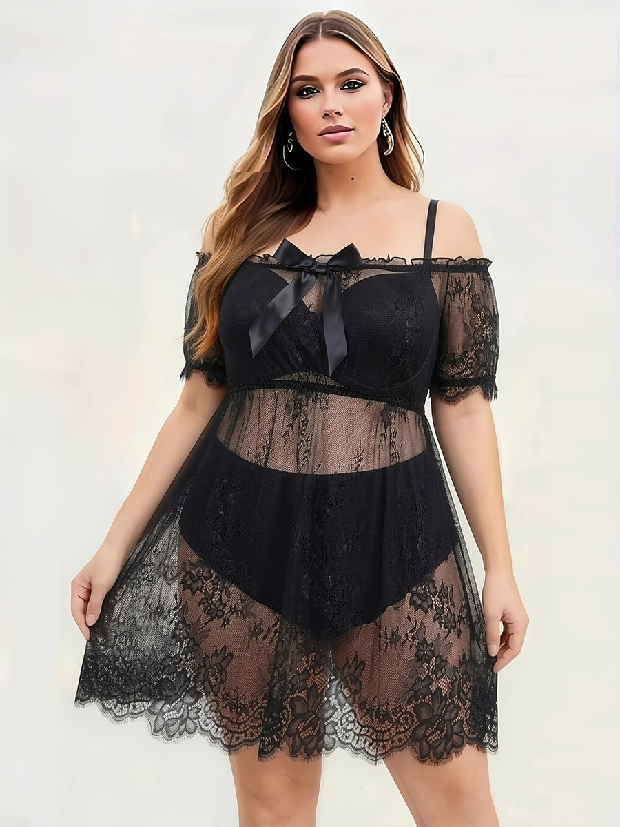 Plus Size Lace Nightgown, Eyelash Lace Trim Lingerie, Bow-Adorned Nightdress - Black