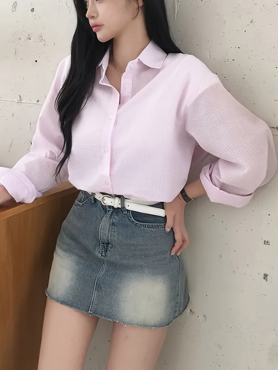Women'S Shirt Summer New Loose Casual Versatile Single-Button Blouse Sunscreen Jacket Top - Pink