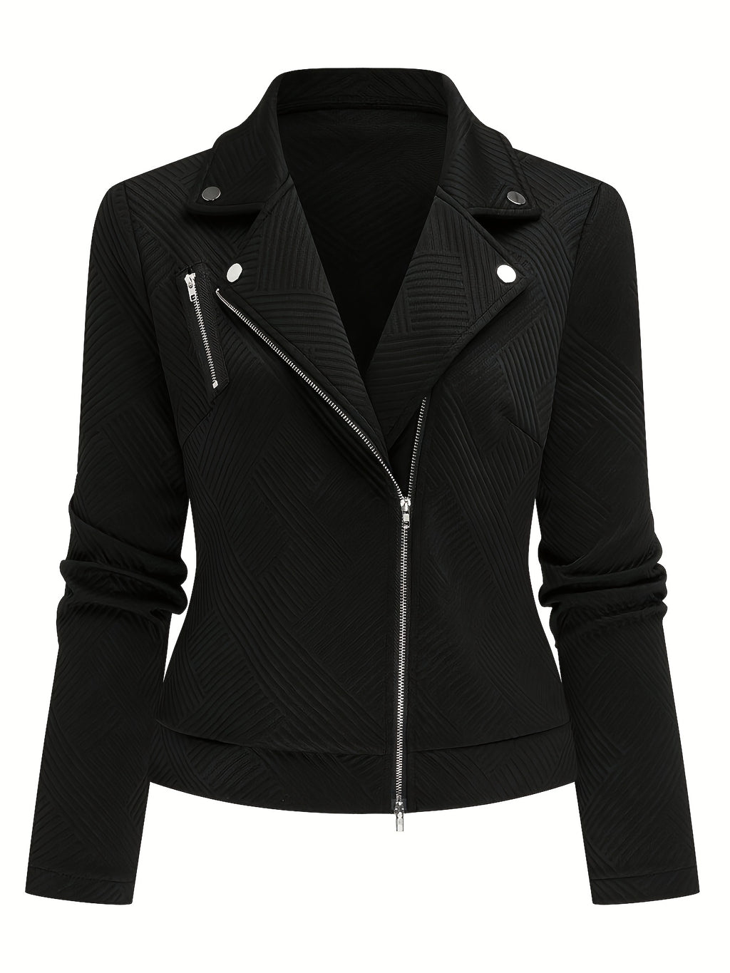 A New Women'S Solid Color Maze Check Zippered Button Decorative Motorcycle Jacket, Stylish And Elegant for Commuting And Casual Wear in Autumn And Winter. The Top Design Is Trendy, with a Unique Style, High-Quality Stitching, Soft Texture - Black