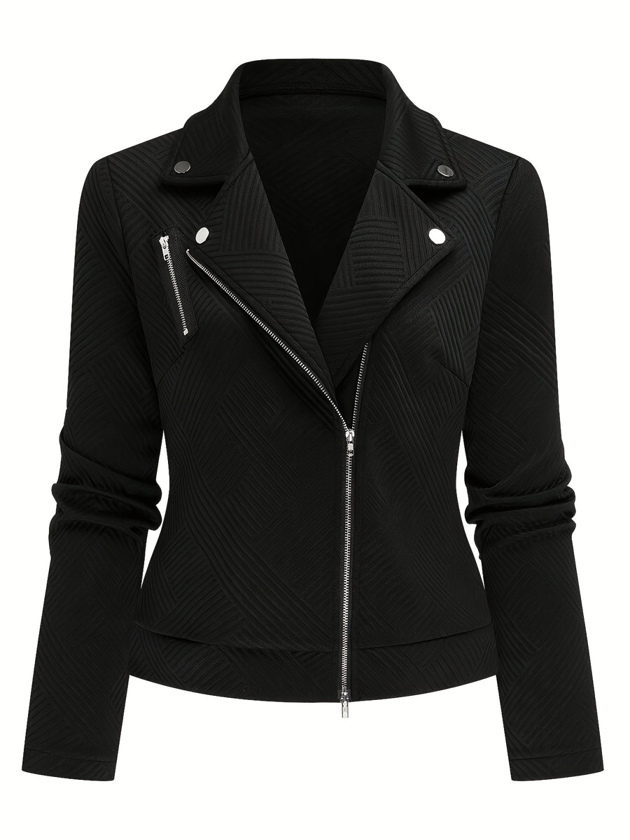 A New Women'S Solid Color Maze Check Zippered Button Decorative Motorcycle Jacket, Stylish And Elegant for Commuting And Casual Wear in Autumn And Winter. The Top Design Is Trendy, with a Unique Style, High-Quality Stitching, Soft Texture - Black