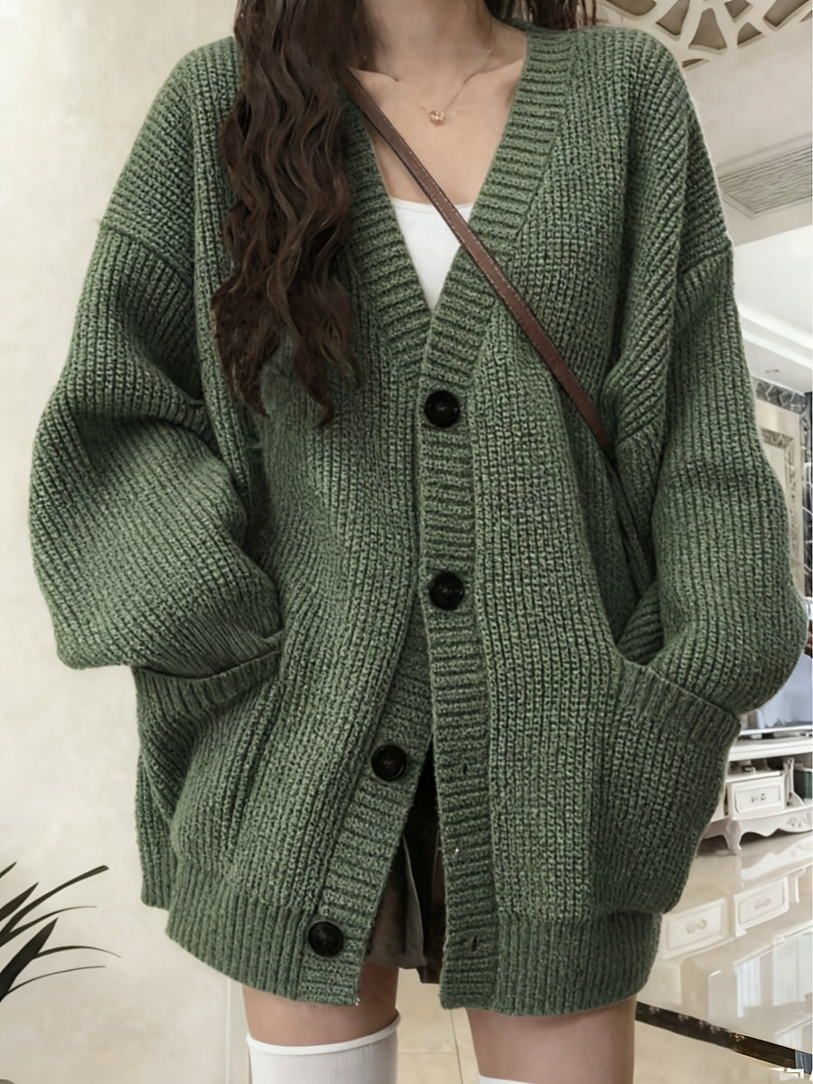Casual V-Neck Single-Button Sweater Women'S Autumn Winter Cardigan - Green