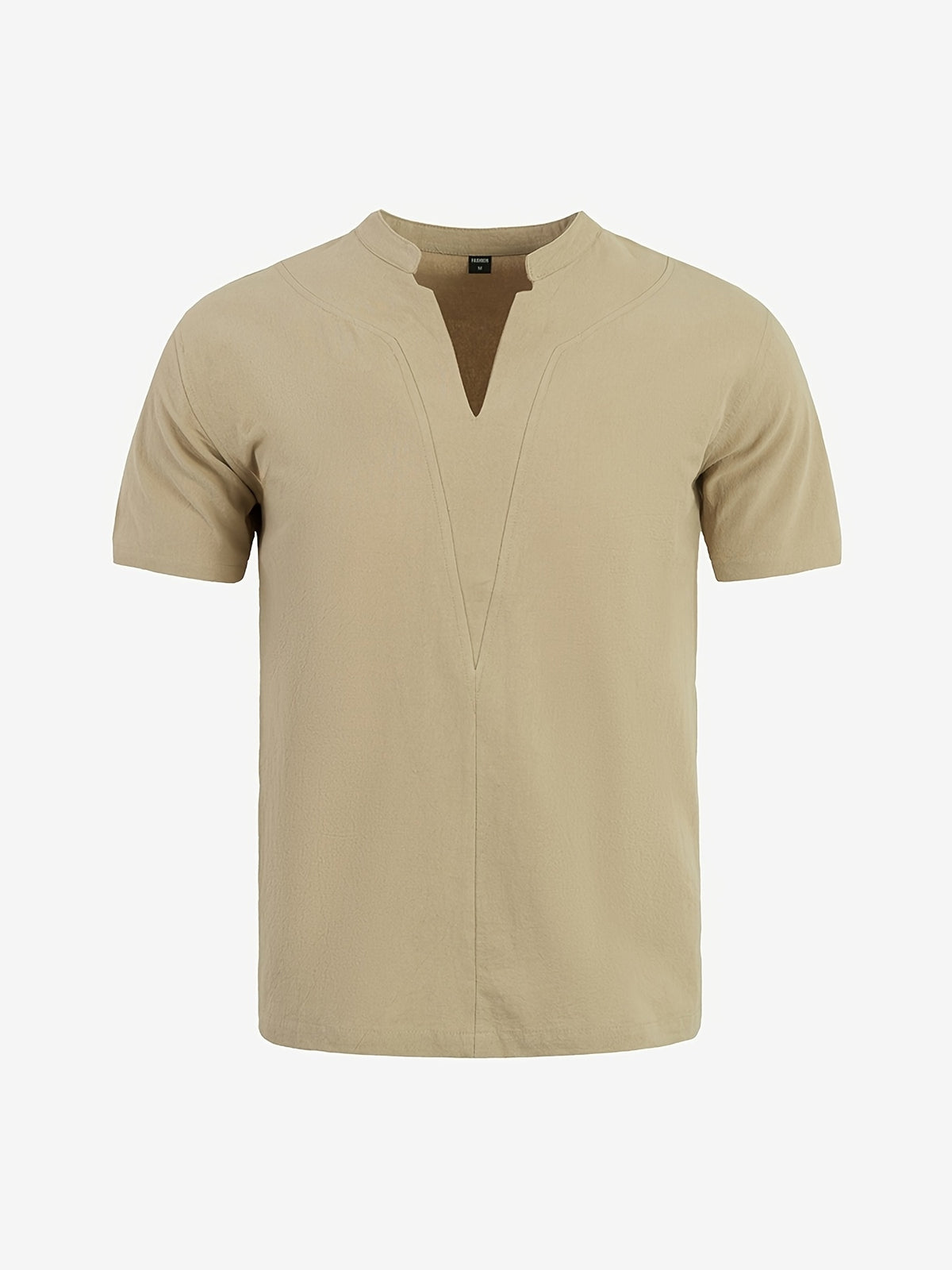 Men's Casual V-Neck Linen Short-Sleeve Shirt, Lightweight and Breathable with a Short-sleeve Design, Suitable for Summer Wear. Features a Loose Fit and Solid Color for Comfort, Ideal for Beach Vacations, Resort Hotel Trips, and Daily Wear - Khaki