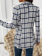 Women's Casual Elegant Button-Up Plaid Commuter Slim-Fit Blazer Jacket, Spring Autumn - Blue And White