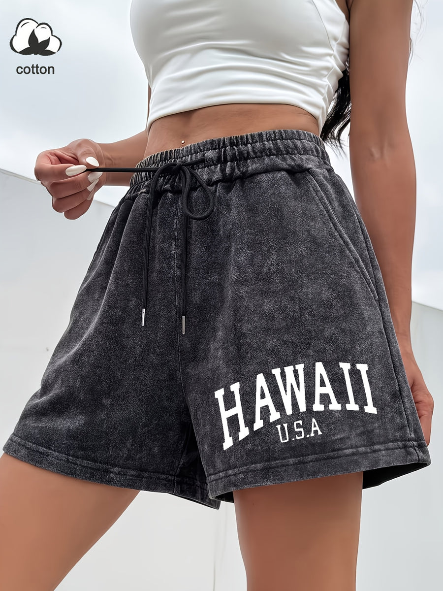 Western Trendy Hawaiian Letter Print Casual Distressed Women'S Shorts, Elastic Drawstring Waist Design, Versatile Home Wear, Lifestyle Fashion - Black