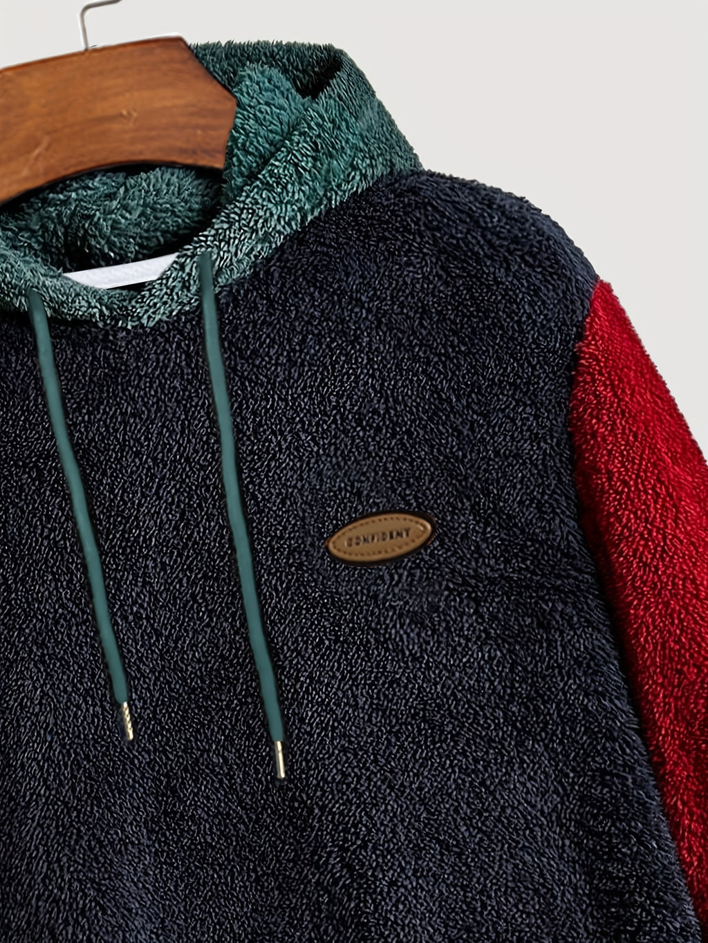Men's Multicolor Plush Hoodie with Contrast Embroidery, Warm for Autumn/Winter, Long Sleeve, Machine Washable - Army Green