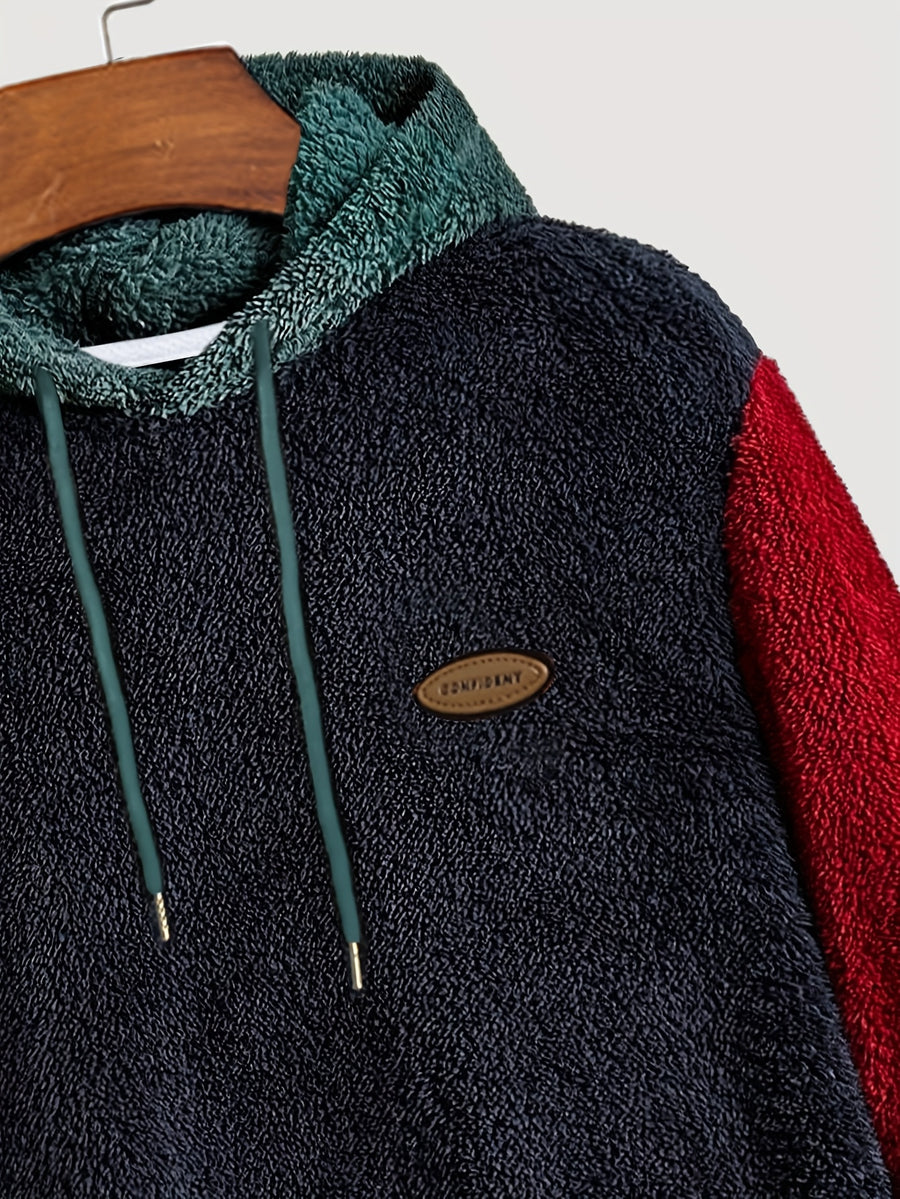 Men's Multicolor Plush Hoodie with Contrast Embroidery, Warm for Autumn/Winter, Long Sleeve, Machine Washable - Army Green