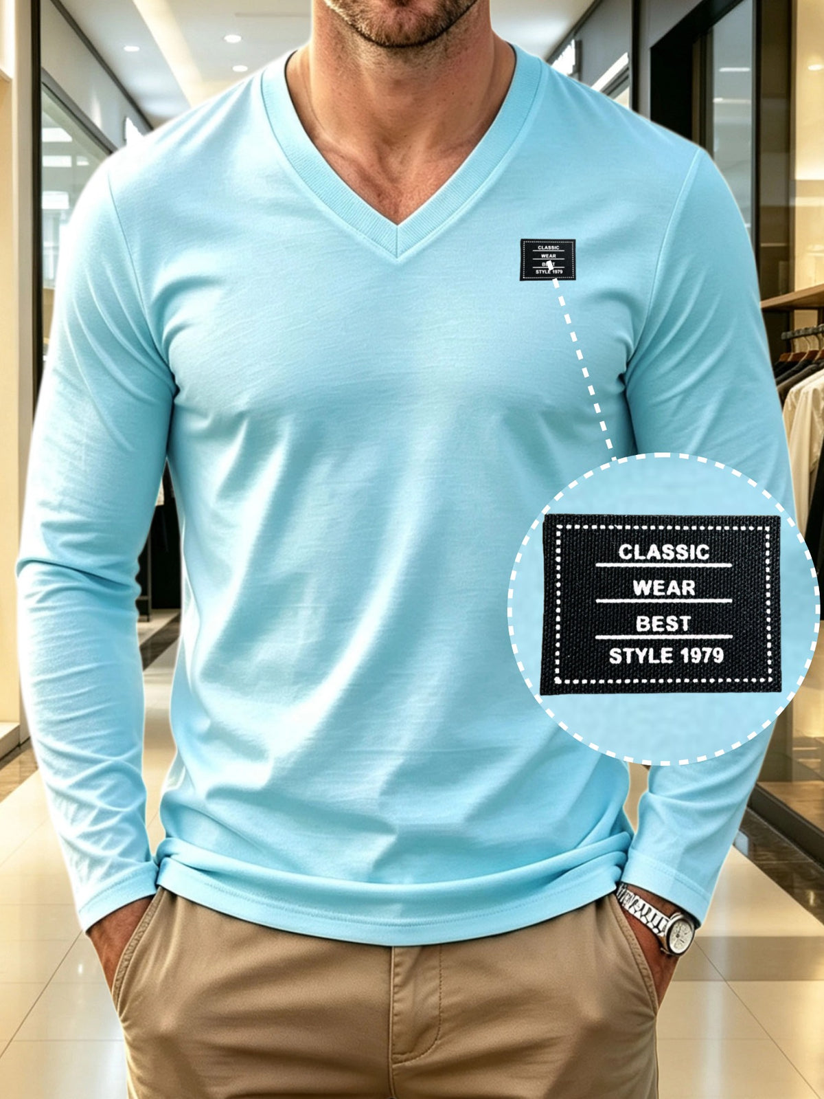 100%, Men'S V-Neck Long Sleeve Short-Sleeve T-Shirt, Men'S Knit Sweatshirt, Casual Sports Outdoor Top, Men'S Casual All-Match T-Shirt, Back to School Season, Gift for Friends - Sky Blue