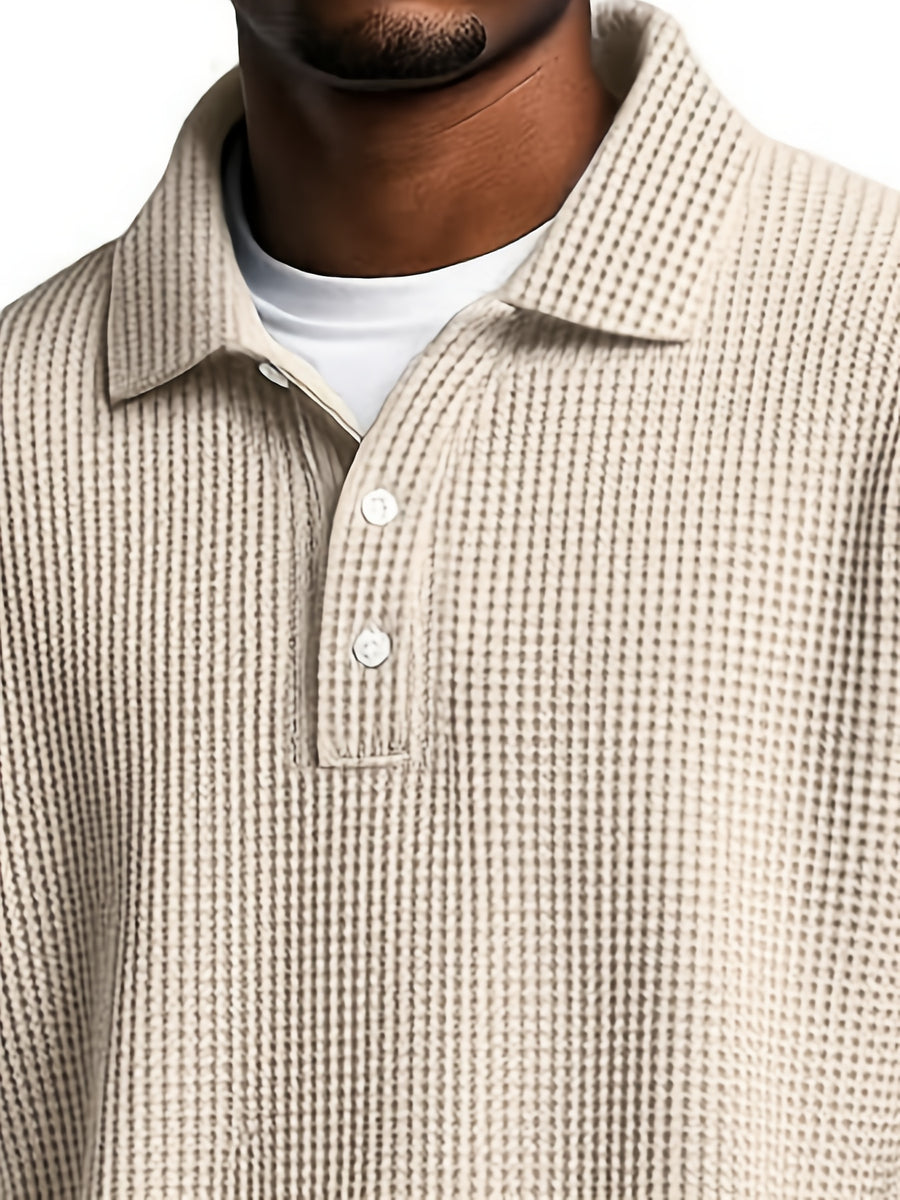 Men'S Waffle Checkered Color-Block Long Sleeve Collared Sweatshirt, Solid Color Patchwork Pullover, Traditional Casual Design with Outdoor Layering Long Sleeve, Suitable for Various Activities - Khaki