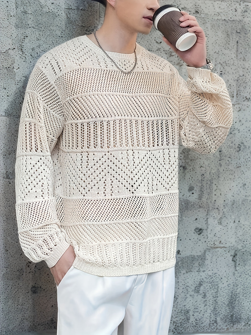 Men's Casual Fashion Hollow-Out Knit Sweater - Off-white