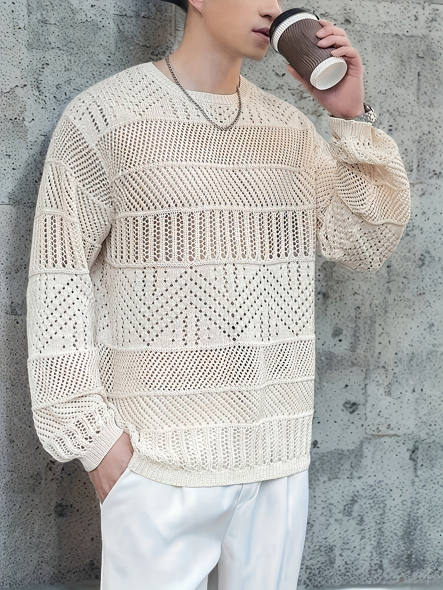 Men's Casual Fashion Hollow-Out Knit Sweater - Off-white