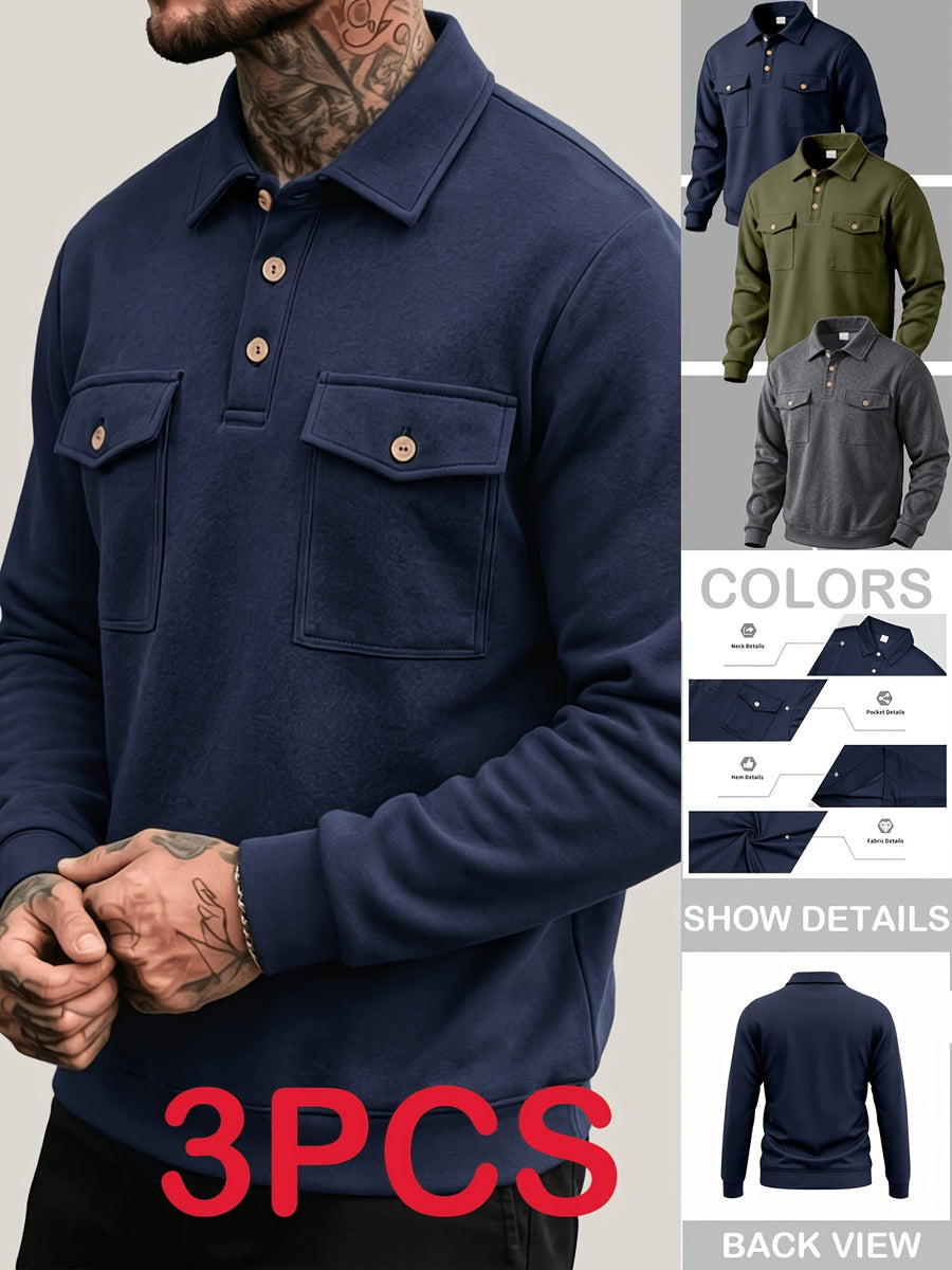 Autumn New Arrival 3pcs Set: Polo Collar Double Pocket Cargo Sweatshirt. Made of Thick Knitted Sweatshirt Fabric, Featuring a Half-zip Placket with Three Brown Vintage Buttons. Symmetrical Chest Cargo Pockets, Vintage Workwear Casual Style - Tibetan Army Deep