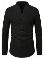 Men'S Solid Color V-Neck Shirt Casual Business Formal Shirt Slim Fit Long-Sleeved Social Party Shirt, Soft And Skin-Friendly Fabric, Suitable for Wearing in All 4 Seasons, Autumn, Stretchy, Office, Button - Black