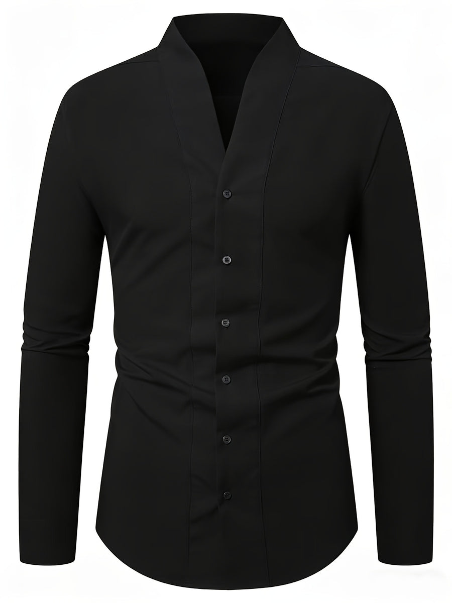 Men'S Solid Color V-Neck Shirt Casual Business Formal Shirt Slim Fit Long-Sleeved Social Party Shirt, Soft And Skin-Friendly Fabric, Suitable for Wearing in All 4 Seasons, Autumn, Stretchy, Office, Button - Black