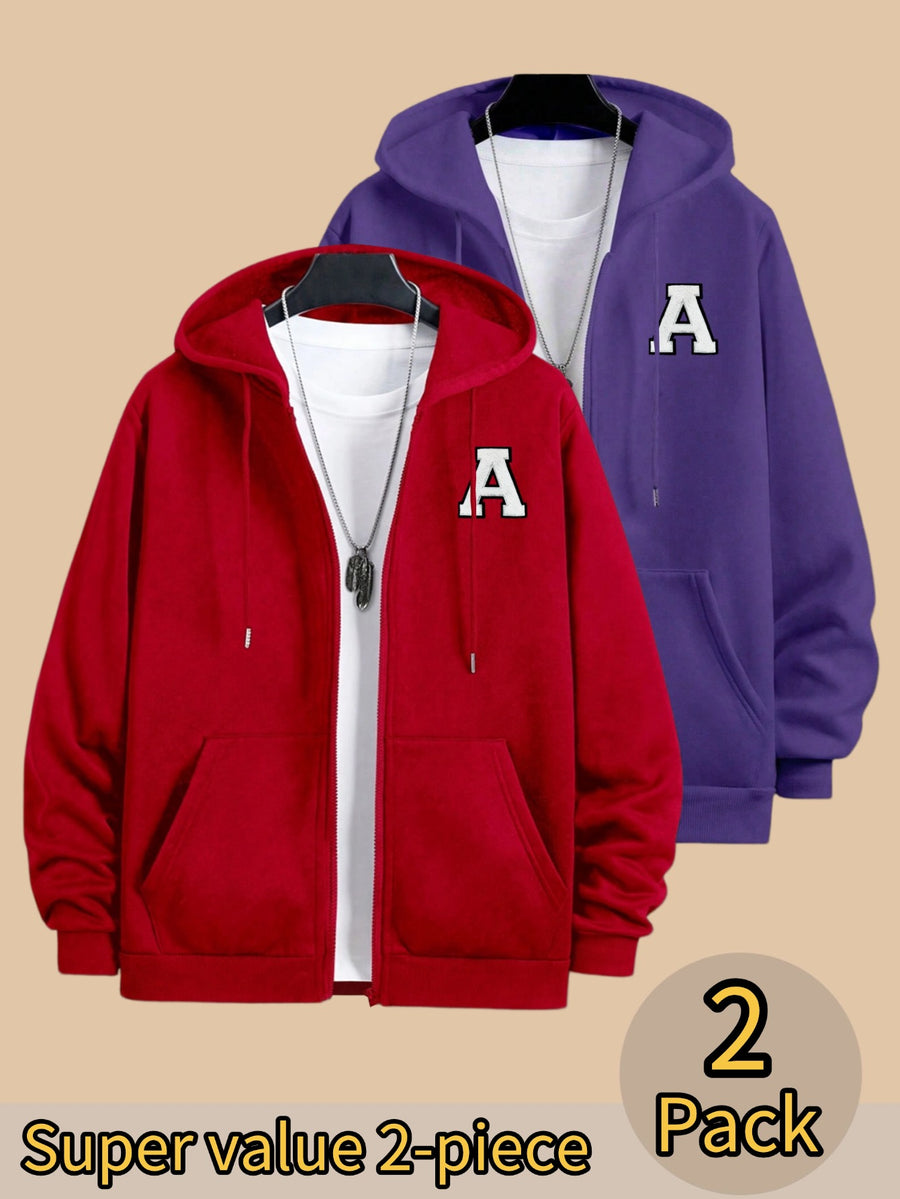 50%, 50%, 2pcs Men'S Patchwork Warm Fleece Zip-Up Hooded Sweatshirt, Men'S Clothing, Long Sleeve Fleece Jacket, Zip-Up Top, Hooded Sweatshirt, Pockets, Drawstring, Suitable for Outdoor, Casual, Back-To-School Season, Gift for Boyfriend - Red+Purple