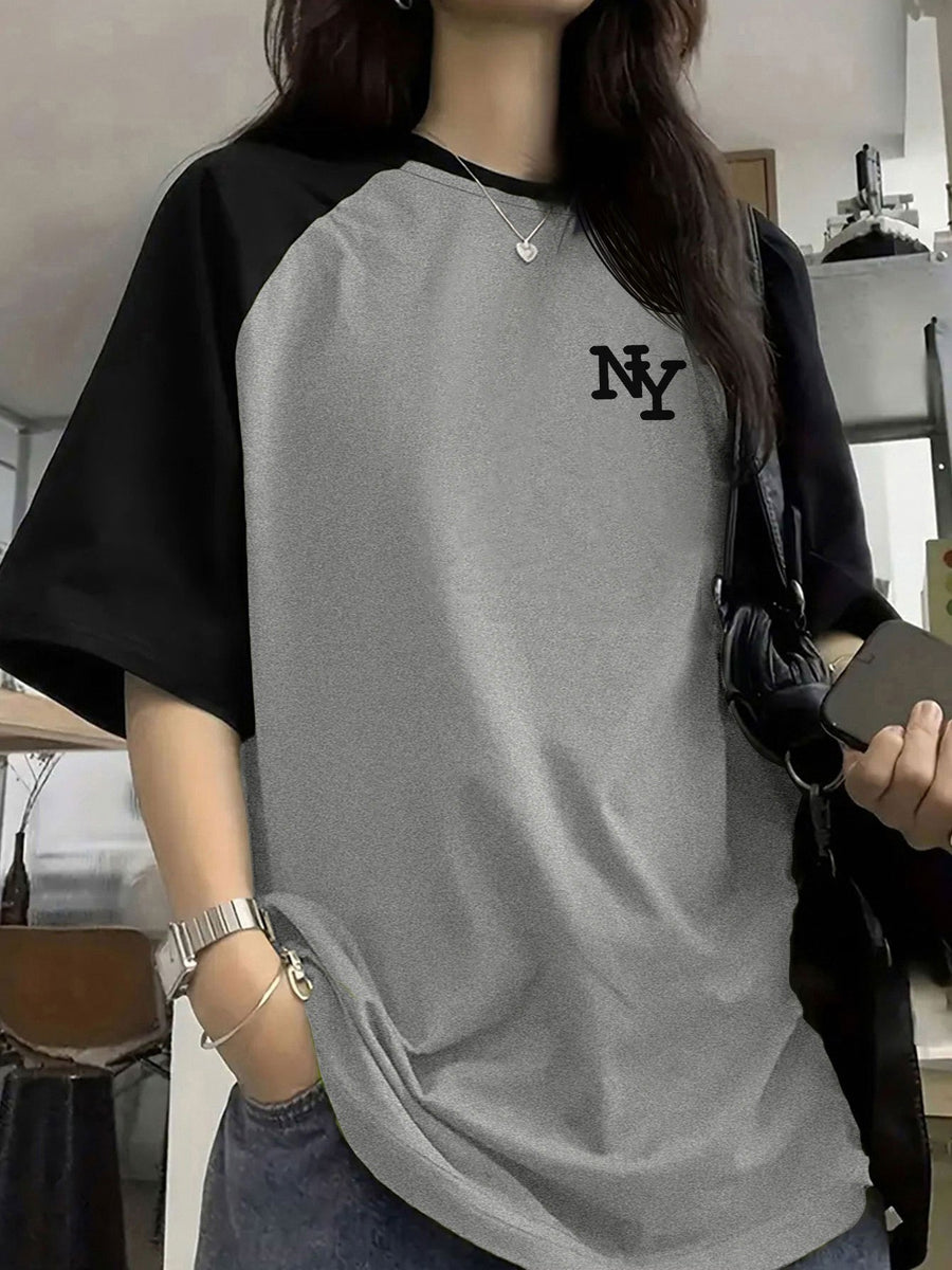 Women'S Color-Block Raglan Sleeve NY Letter Print Pullover Short-Sleeved T-Shirt Summer Design Sense Fashionable Foreign Style Loose Top - Grey