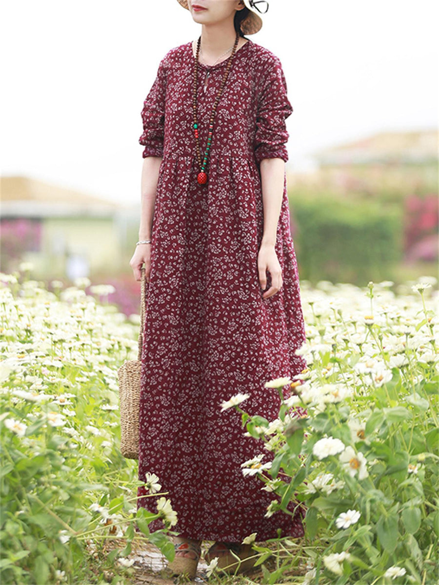 Plus Size, Plus Size Women Floral Print Maxi Dress Oversized Long Sleeve Crew Neck Vintage Holiday Casual Loose Long Dresses - Burgundy