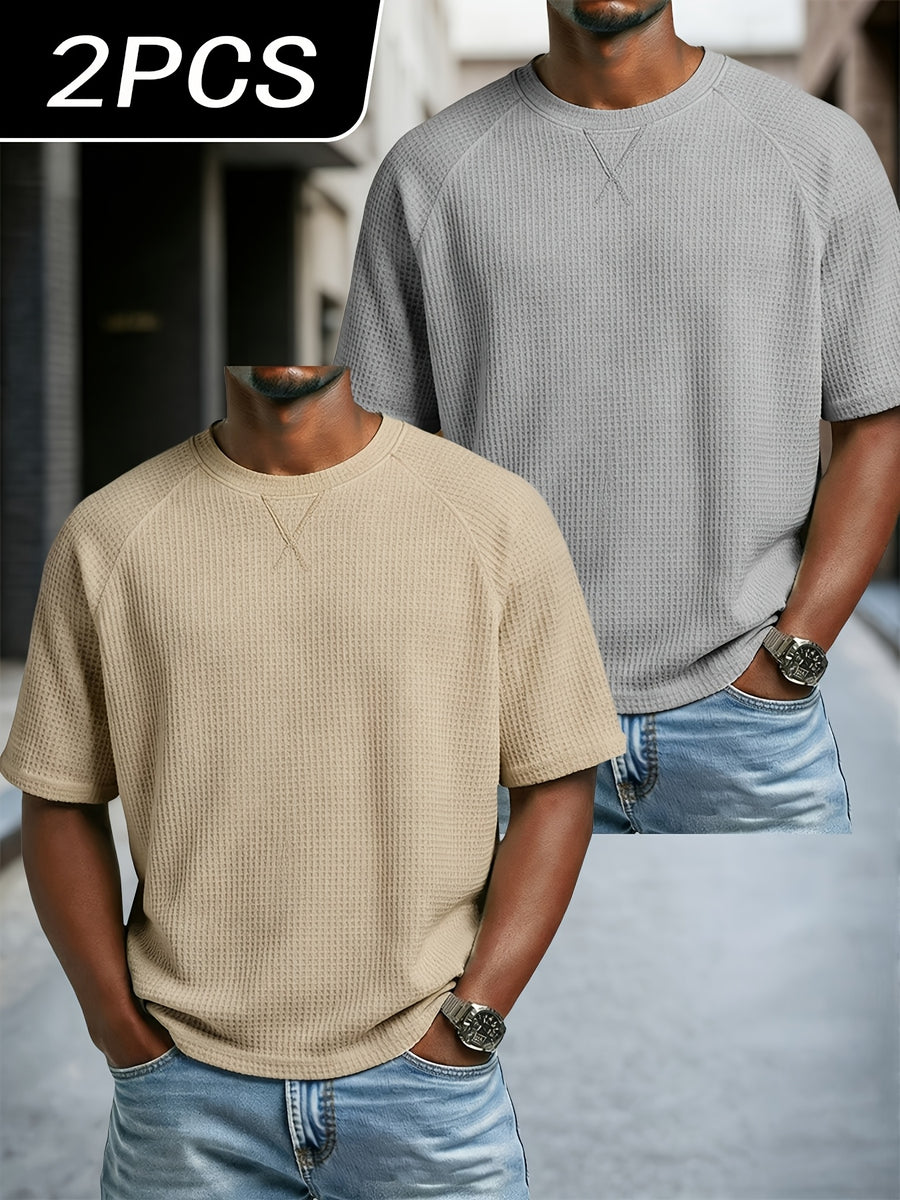 Men'S 2 pc Waffle Knit T Shirts Short Sleeve Crew Neck, Breathable Textured Fabric Casual Tops, Lightweight Soft Comfortable Fit, Ideal for Daily Wear, Travel, Street Fashion And Warm Weather Style - Khaki+Grey