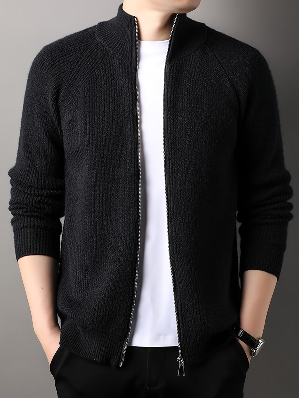 Autumn New Men'S, Solid Color Knit Cardigan, Zipper Style Trendy Comfortable, Outdoor Leisure All-Match - Black
