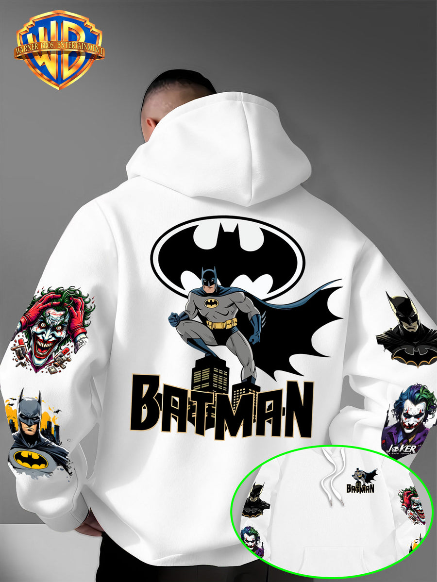 DC Batman Joker IP Official Hooded Sweatshirt with Gotham Crouching Batman on the Back + Bat Logo Themed Print, Drawstring Loose Hoodie, Wear-Resistant and Wash-Resistant Autumn/Winter Trendy Top - White