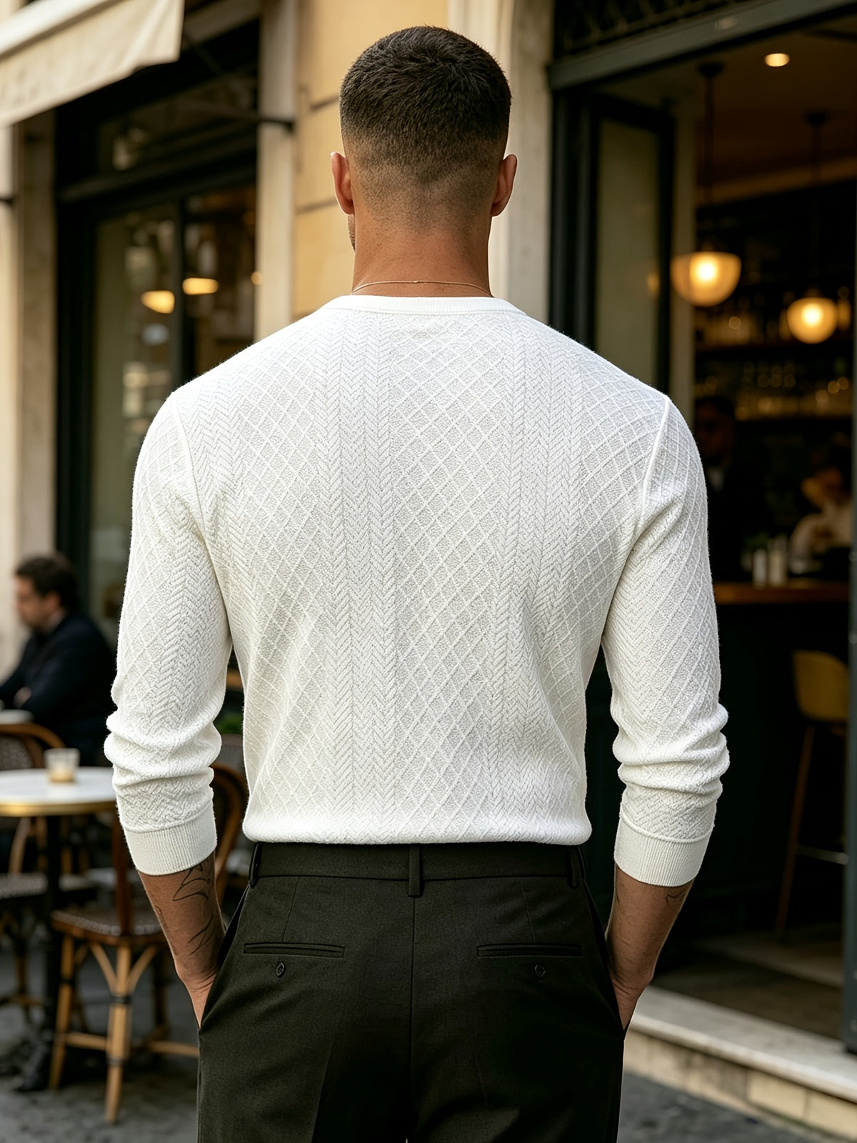 [Josh Mei OBM] Fall Winter Men'S Diamond Jacquard Henley Long Sleeve Sweater, Half-Button Placket Slim Fit Versatile Pullover Top, Suitable for Office, Street And Weekend Casual Wear Soft Knit Top, Multi-Color Options - White