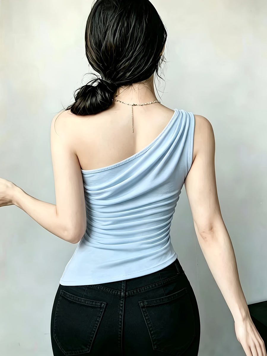 YY260317030 Women'S Asymmetrical Hem Pleated Waist Casual Top - Light Blue