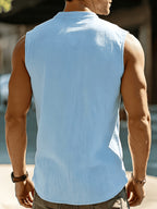 Men's Fashionable Casual Lightweight Breathable Sleeveless Henley Shirt - Summer Casual and Business Casual Vest - with Button- Collar - Suitable for Outdoor Activities, Beach, and Seaside - Regular Fit Men's Apparel Gift - Light Blue