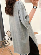 Slit T-Shirt Women'S Summer Loose Korean Rolled Edge Front Short Back Long Short-Sleeved V-Neck Top - Grey