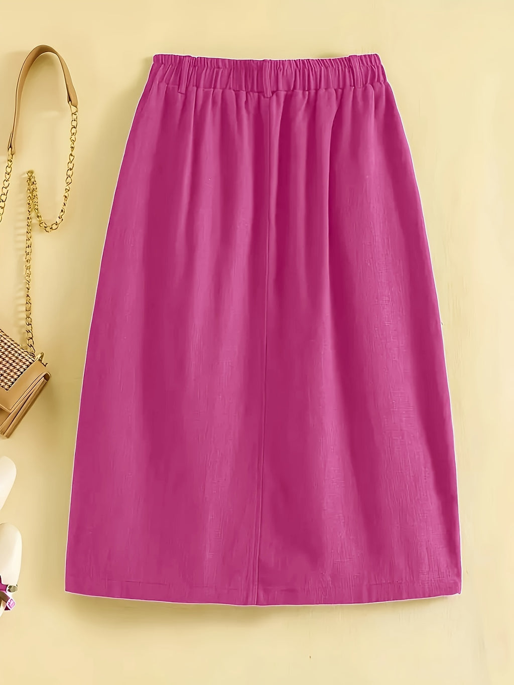 Spring/Summer/Autumn Lightweight Korean-Style Vintage Linen Loose Skirt with Elastic Waistband and Pockets, Mid-Length Women's Skirt - Rose Red