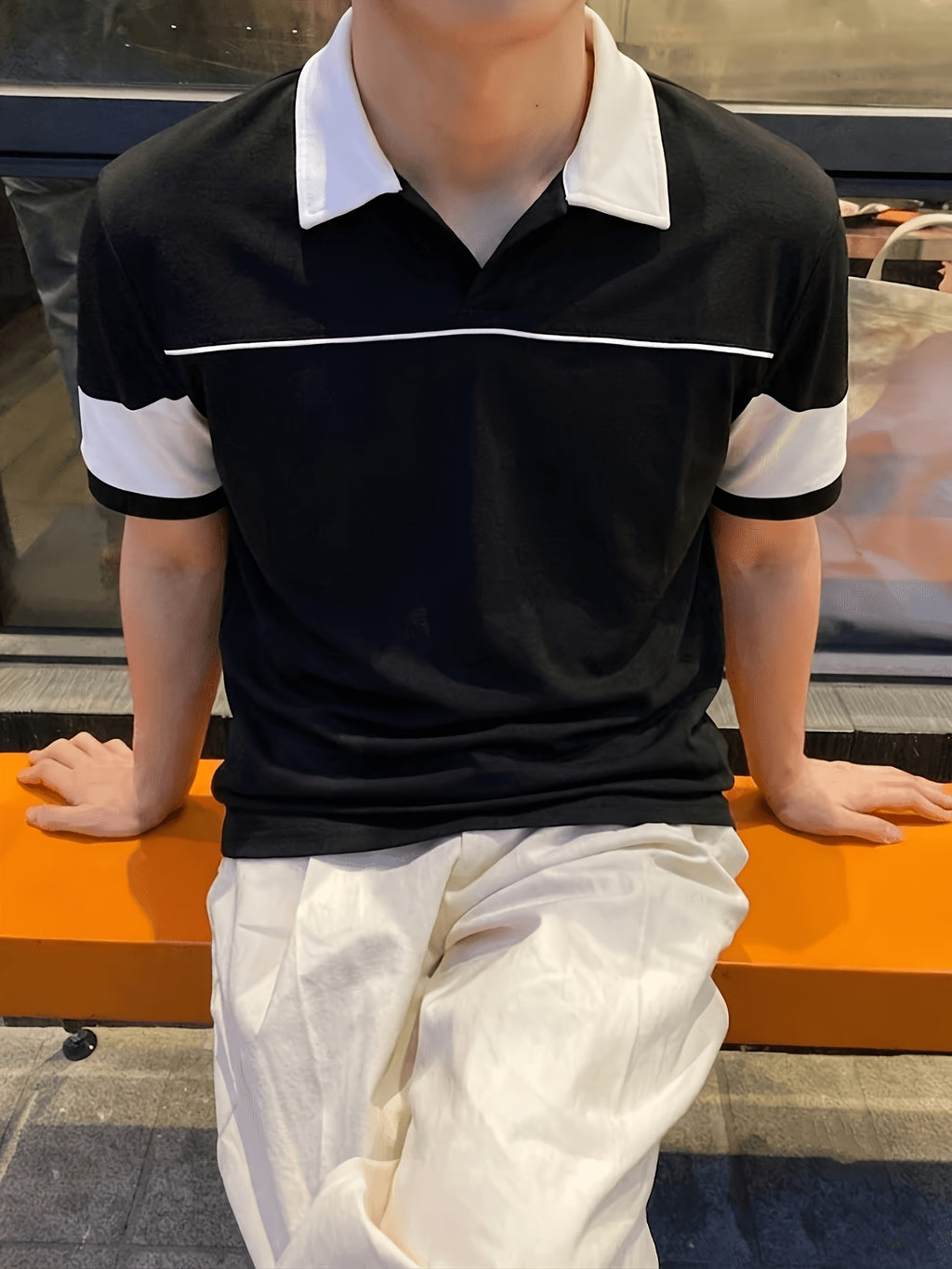 New Summer Men's Color-Block Lapel Short-Sleeve Polo Shirt with Raglan Sleeves, Casual Sporty Style, Skin-Friendly and Breathable Top, Structured and Slimming Fit, Flattering on All Body Types, Versatile and Trendy for Daily Commuting and Streetwear - Bright Black