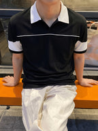 New Summer Men's Color-Block Lapel Short-Sleeve Polo Shirt with Raglan Sleeves, Casual Sporty Style, Skin-Friendly and Breathable Top, Structured and Slimming Fit, Flattering on All Body Types, Versatile and Trendy for Daily Commuting and Streetwear - Bright Black