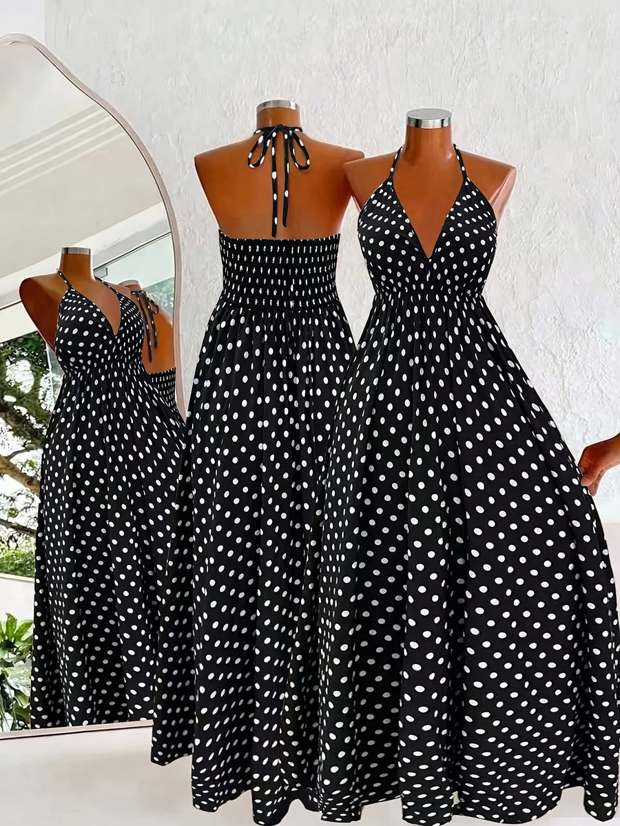 Bohemian Style Printed Long Camisole Dress with Tie-up Halter Neck, Wrap-around Detail, and Flared Hem for Beach Vacation - Black
