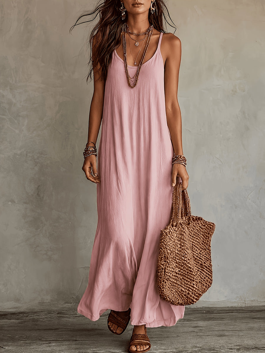 Women'S Spaghetti Strap Maxi Dress, V-Neck Loose Flowing Long Dress, Bohemian Casual Beach Vacation Summer Beach Dress - Pink