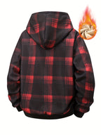 Men's Plaid Check -Like Jacket with Hood - Thick Winter Warmth, Single-Breasted Button Closure & Chest Pocket, Casual Collar Coat for & Young Men (Machine Washable, Plaid Pattern) - Outdoor & Daily Wear - Deep Red
