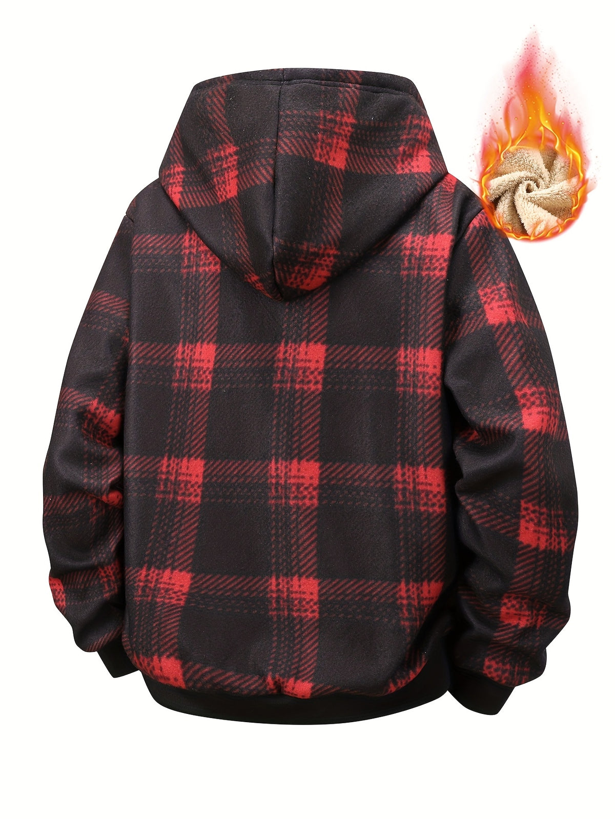Men's Plaid Check -Like Jacket with Hood - Thick Winter Warmth, Single-Breasted Button Closure & Chest Pocket, Casual Collar Coat for & Young Men (Machine Washable, Plaid Pattern) - Outdoor & Daily Wear - Deep Red