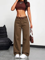 Women'S Jeans, Temperament Comfortable Coffee-Colored Straight-Leg Denim Trousers, Suitable for Daily Commute - Coffee Color