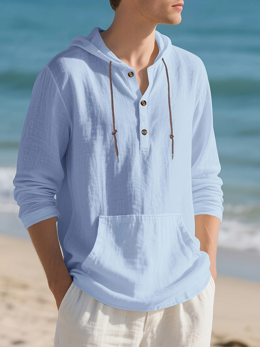 Men's Casual Linen Hoodie, Long Sleeve Henley Button Pullover. Crafted from Soft, Lightweight and Breathable Fabric, It Features a Relaxed Fit and Front Kangaroo Pocket. Ideal for Beach Vacations, Outdoor Activities, Travel and Daily Casual Wear. - Light Blue