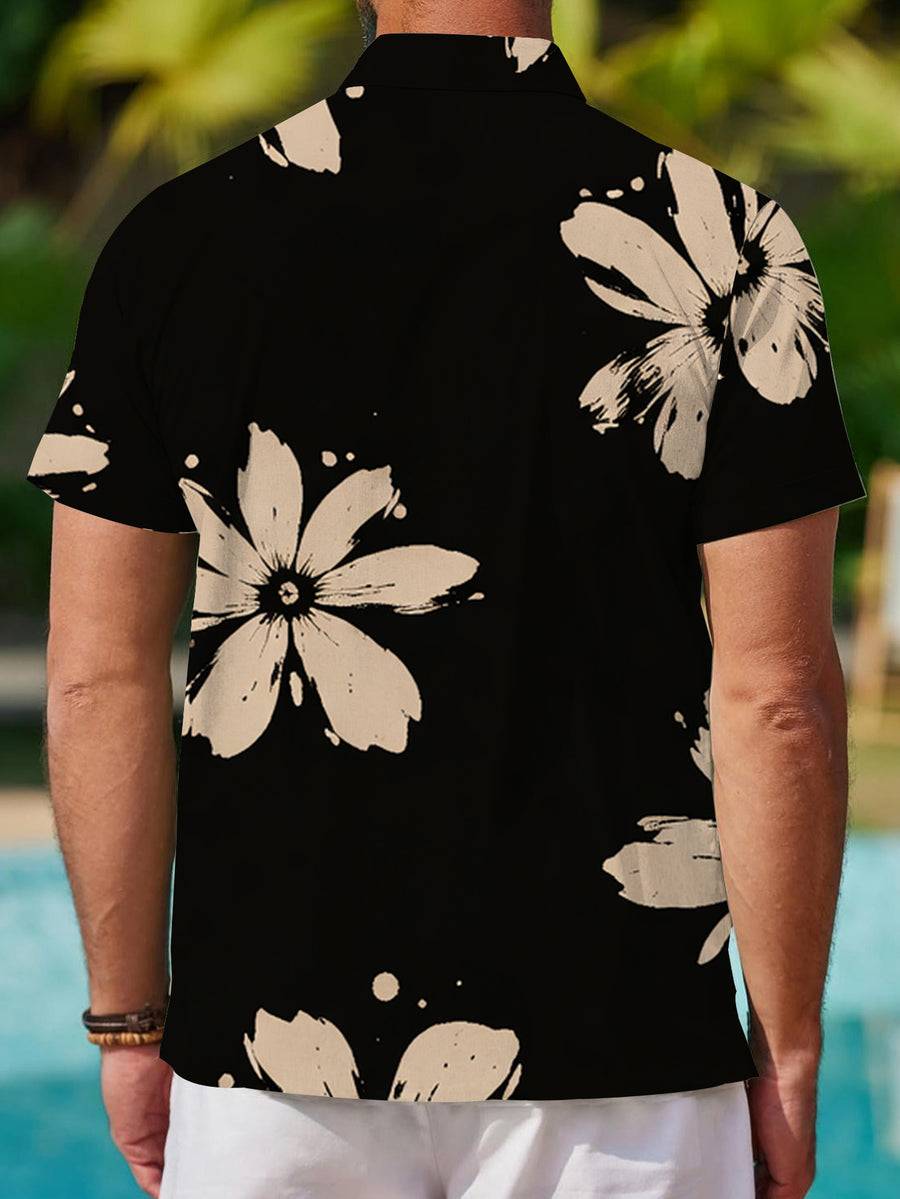 Summer Casual Short Sleeve Shirt Men'S Fashion Loose Short Sleeve Men'S Top Printed Design – Not Textured Digital Print Formal Commute Short Sleeve Black Base White Flower Floral Pattern Travel Vacation Top - Mixed colors