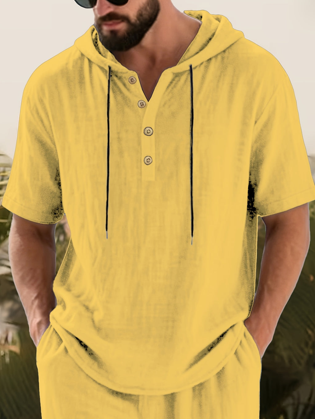 Summer New Hooded Henley Collar Short-Sleeved, Men'S Loose Breathable Comfortable Casual T-Shirt Top - Yellow