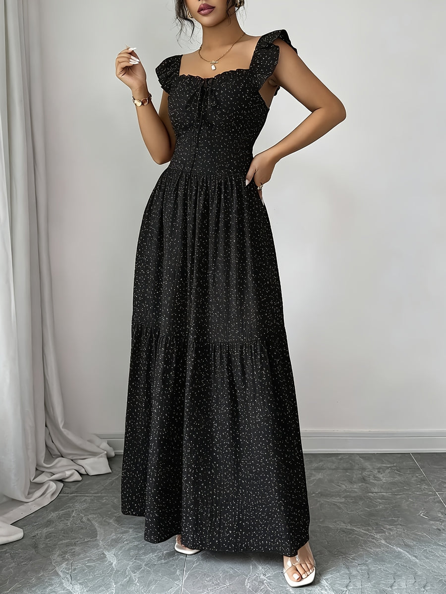 Vintage Red Polka Dot Square Neckline Ruffle Hem Dress with Backless Bow Waist Tie and Flared Skirt, Vacation Style Women's Dress - Black