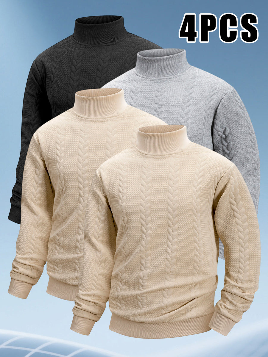 4pcs Men's Stand Collar Knit Textured Long-Sleeve Sweatshirt, Fashionable Comfortable Breathable Casual Sportswear, Solid Color Versatile Trendy Athletic Top, Pilling-Resistant, Ribbed Cuffs, Suitable for Outdoor Sports, Daily Wear, Running, Fitness - Black+Light Gray+Khaki+Khaki